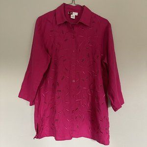 Linen Shirt Button down Embroidered SIZE 6 Pink